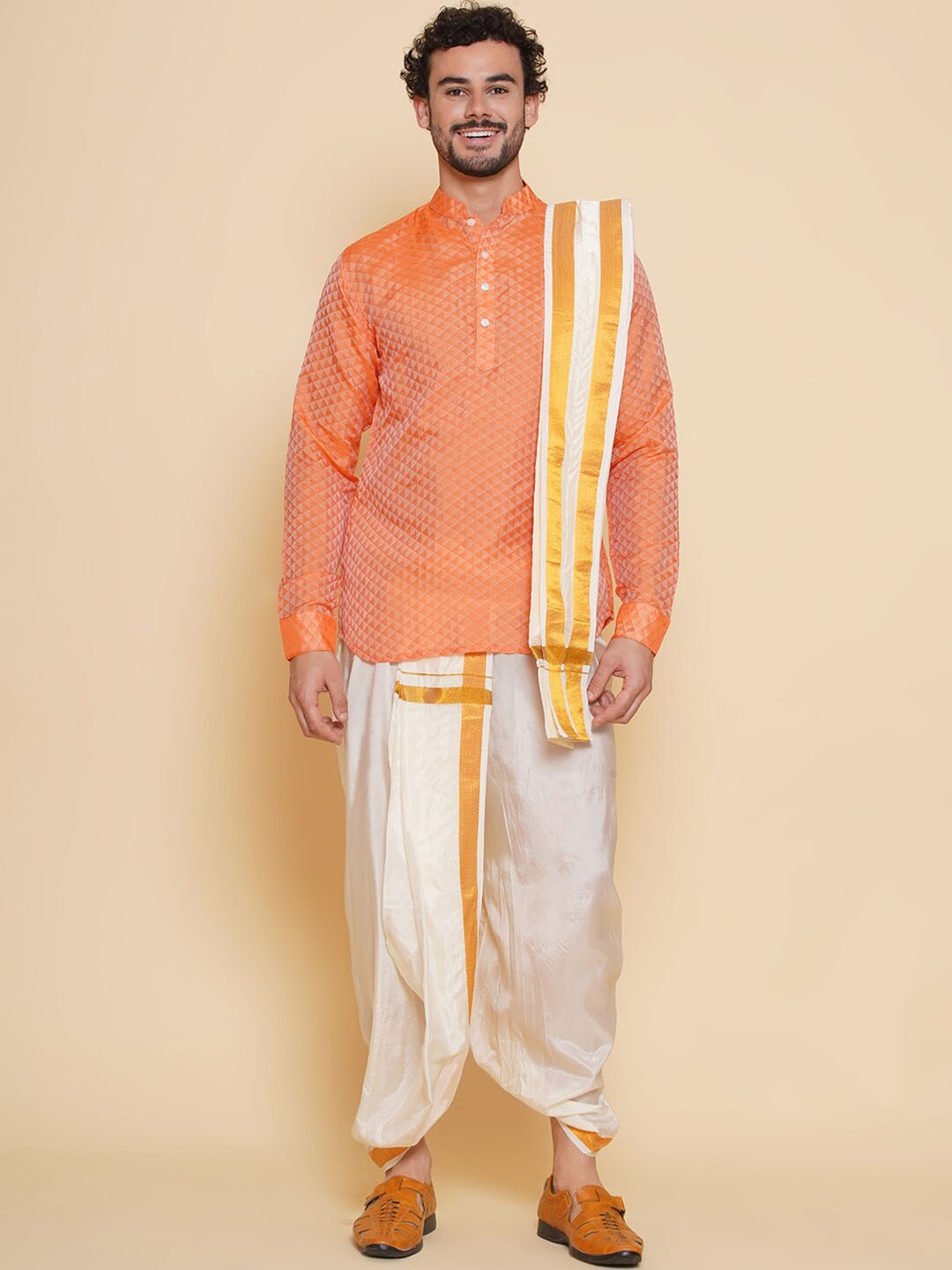 

Sethukrishna Self Design Straight Kurta & Dhoti Pants With Angavastram Set, Orange