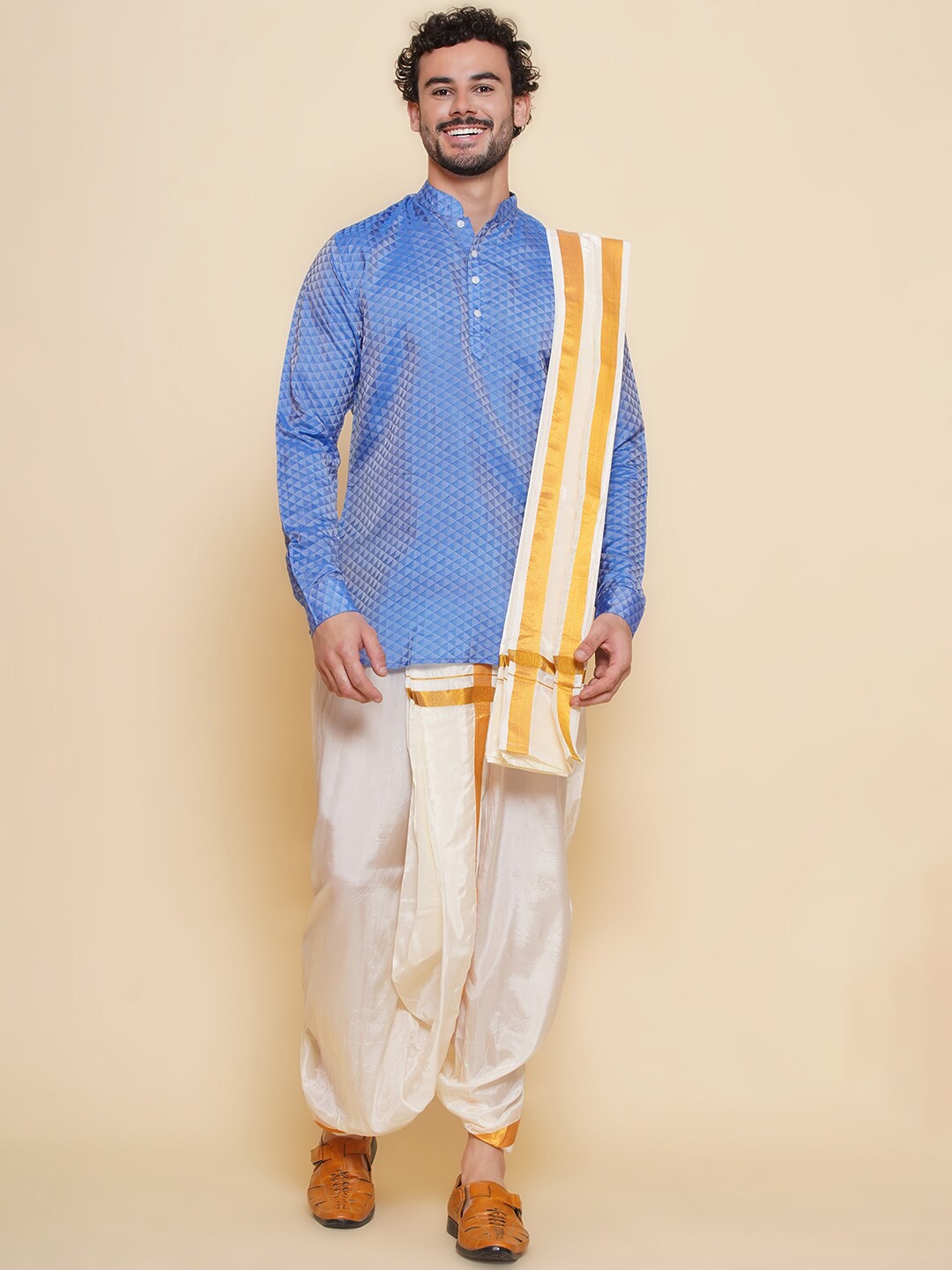 

Sethukrishna Mandarin Collar Regular Straight Kurta with Dhoti Pants & With Dupatta, Blue