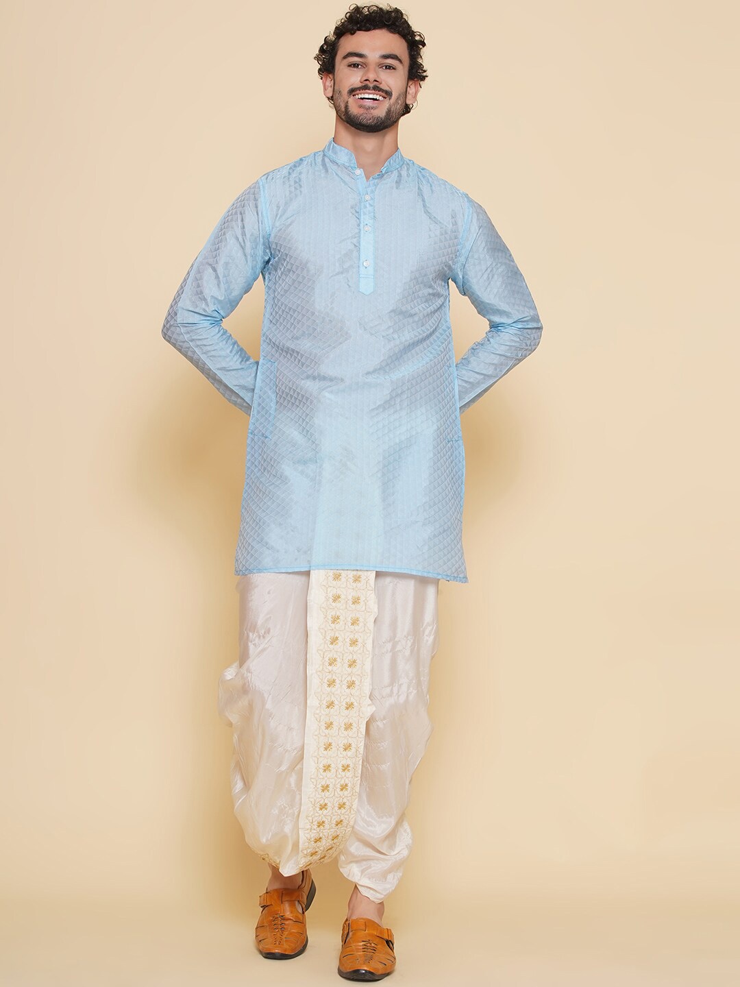 Sethukrishna Mandarin Collar Regular Straight Kurta with Dhoti Pants, Blue
