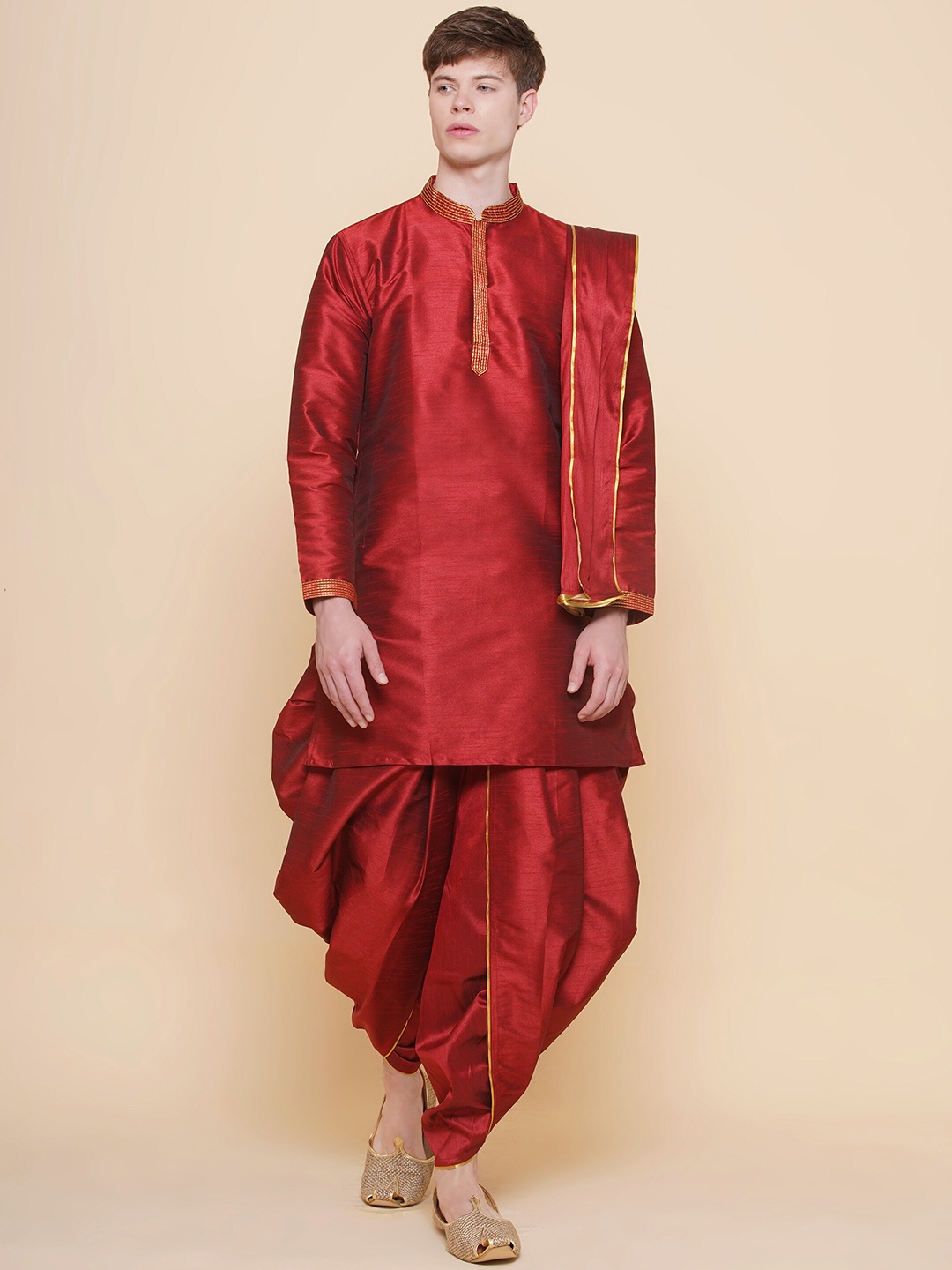 

Sethukrishna Embroidered Straight Kurta with Dhoti Pants with Angavastram, Maroon