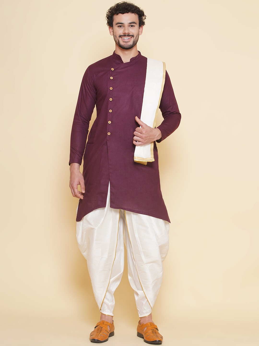 

Sethukrishna Pure Cotton Angrakha Straight Kurta With Dhoti Pants & Angavastram, Maroon