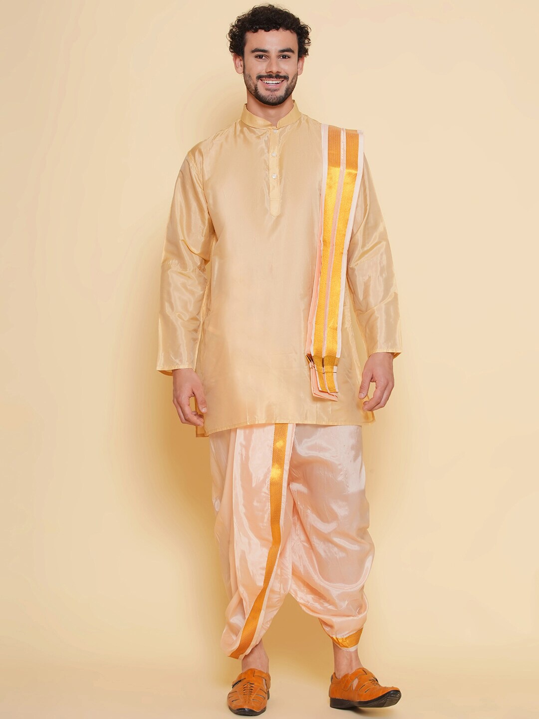 

Sethukrishna Mandarin Collar Long Sleeves Straight Kurta With Dhoti Pants & Angavastram, Beige