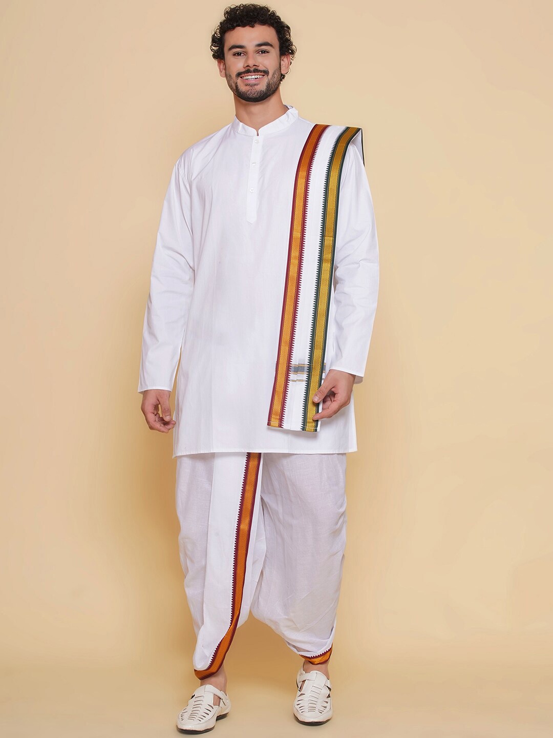 

Sethukrishna Straight Kurta & Dhoti Pants with Angavastram, White
