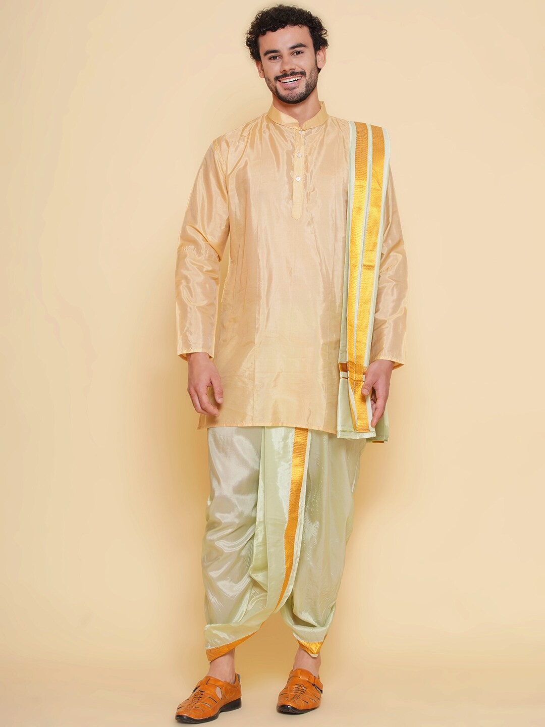 

Sethukrishna Mandarin Collar Straight Kurta & Dhoti Pants With Angavastram Set, Beige