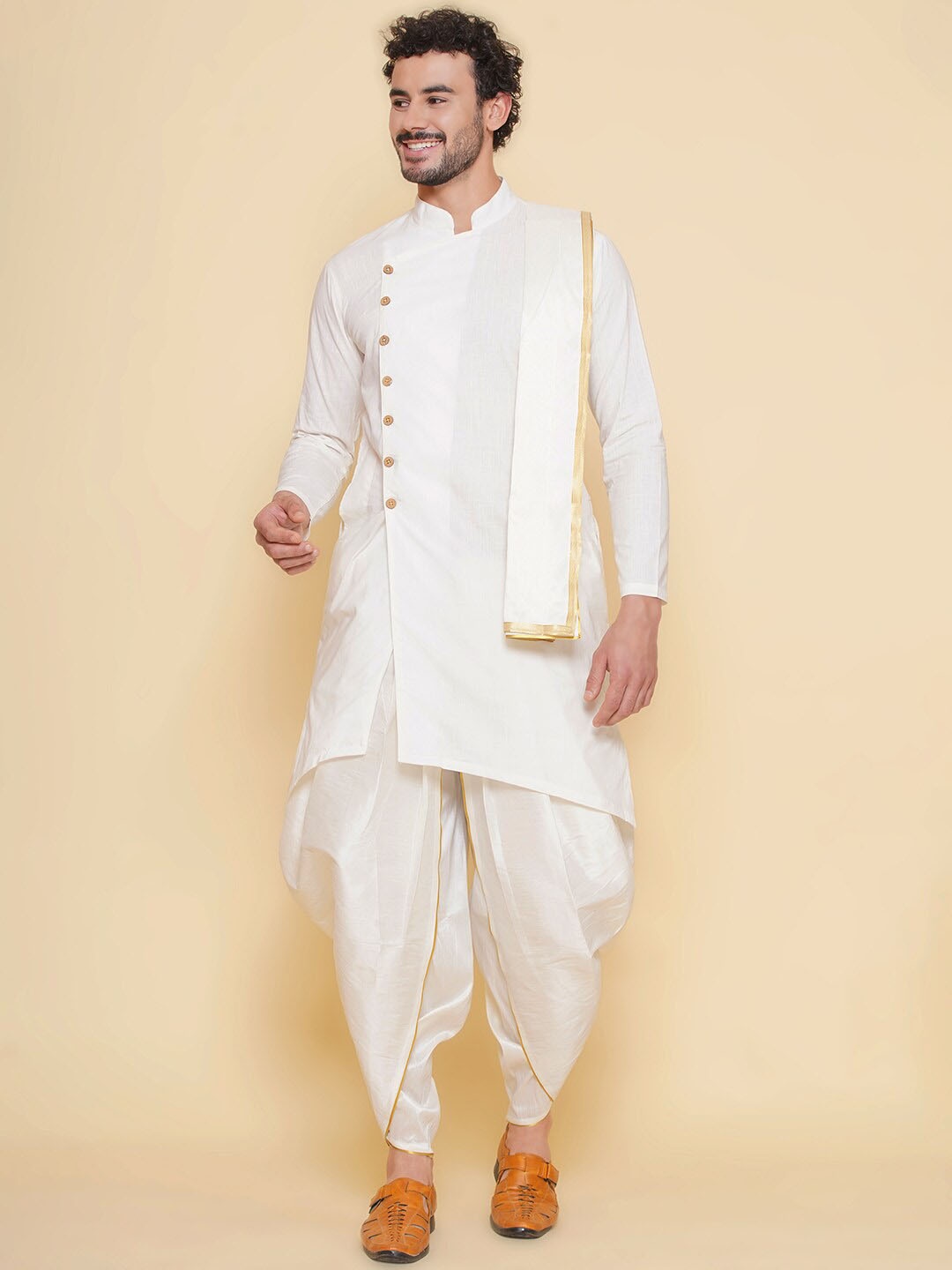 

Sethukrishna Mandarin Collar Regular Pure Cotton Straight Kurta Set, Cream