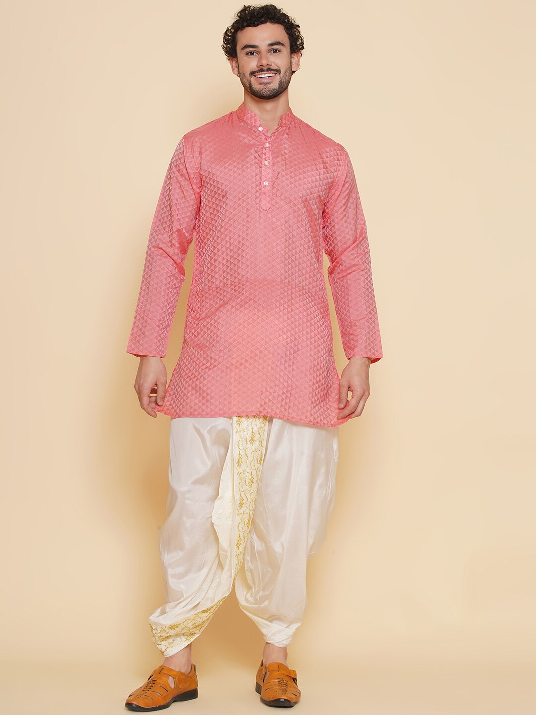 Sethukrishna Mandarin Collar Regular Kurta with Dhoti Pants, Red