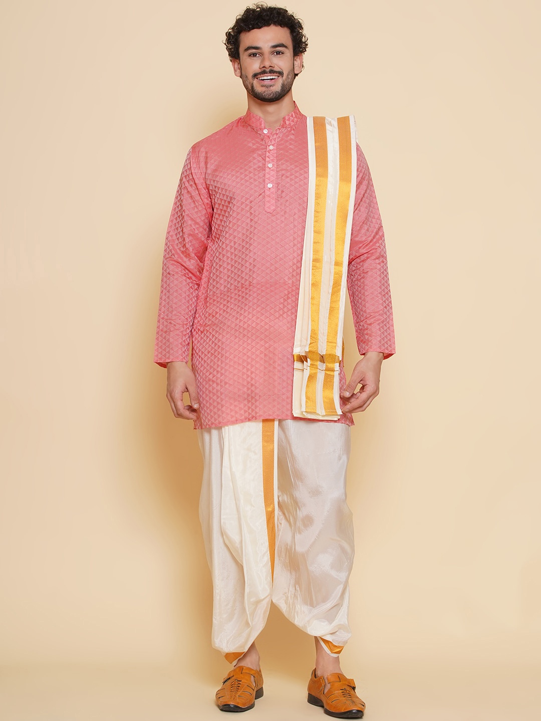 

Sethukrishna Self Design Straight Kurta & Dhoti Pants With Angavastram Set, Red