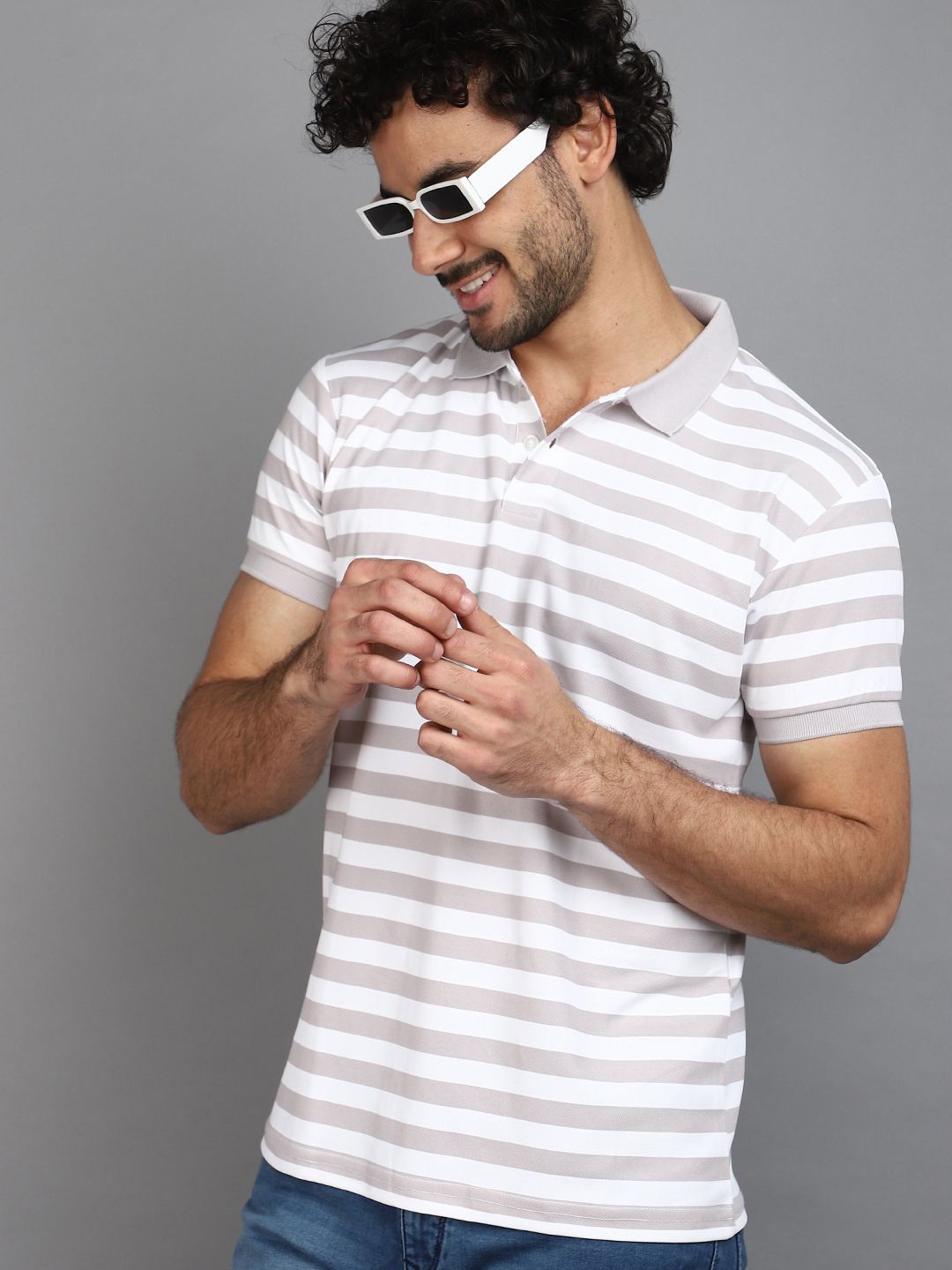 

V-Mart Striped Polo Collar Slim Fit T-shirt, Grey