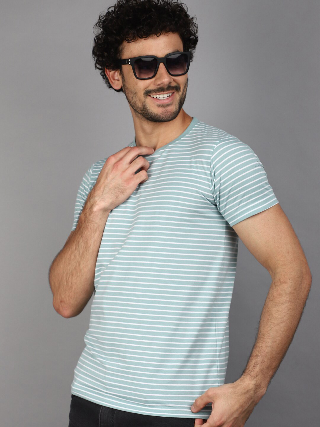 

V-Mart Striped Round Neck Short Sleeves Slim Fit Cotton T-shirt, Green