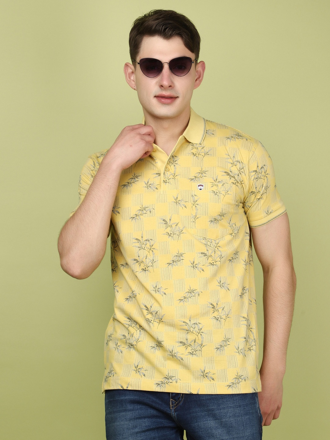 

V-Mart Floral Printed Polo Collar Cotton T-shirt, Yellow