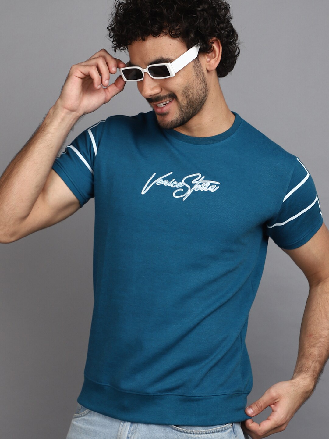 V-Mart Typography Printed Round Neck Cotton Slim Fit T-shirt, Blue