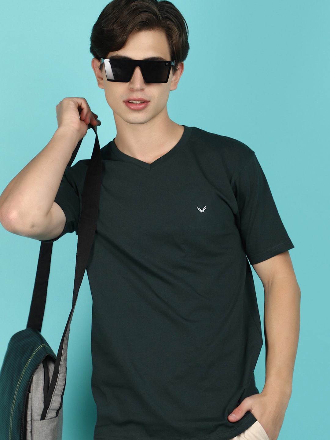

V-Mart V-Neck Short Sleeves Slim Fit Cotton T-shirt, Green