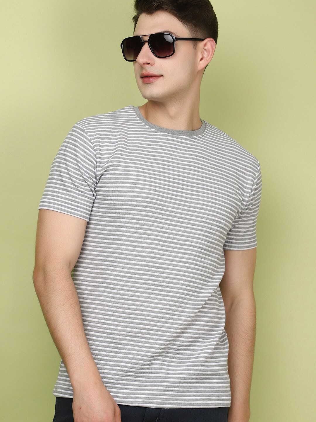 

V-Mart Striped Round Neck Short Sleeves Slim Fit Cotton T-shirt, Grey