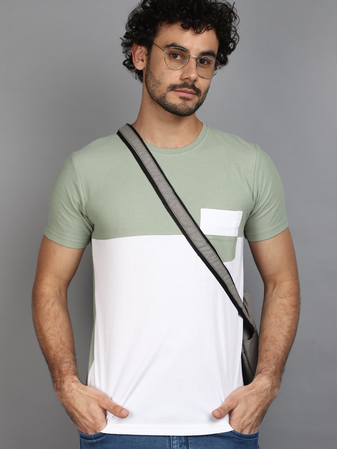 

V-Mart Colourblocked Cotton Slim Fit T-shirt, Sea green