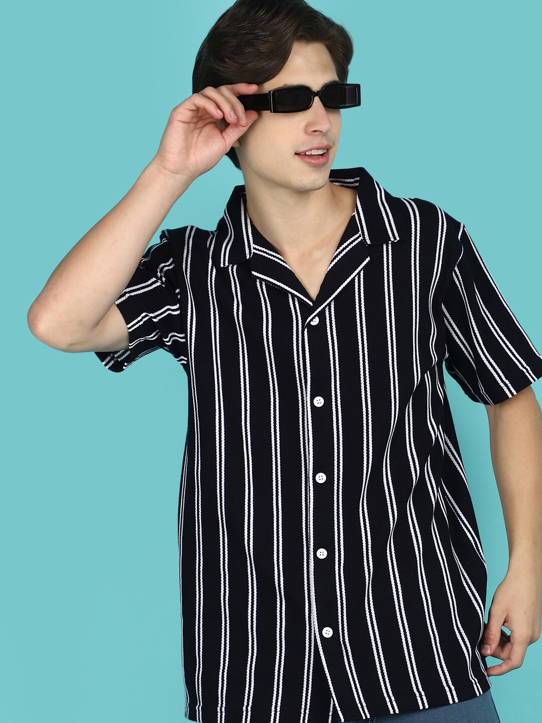 

V-Mart Striped Cuban Collar Casual Shirt, Blue