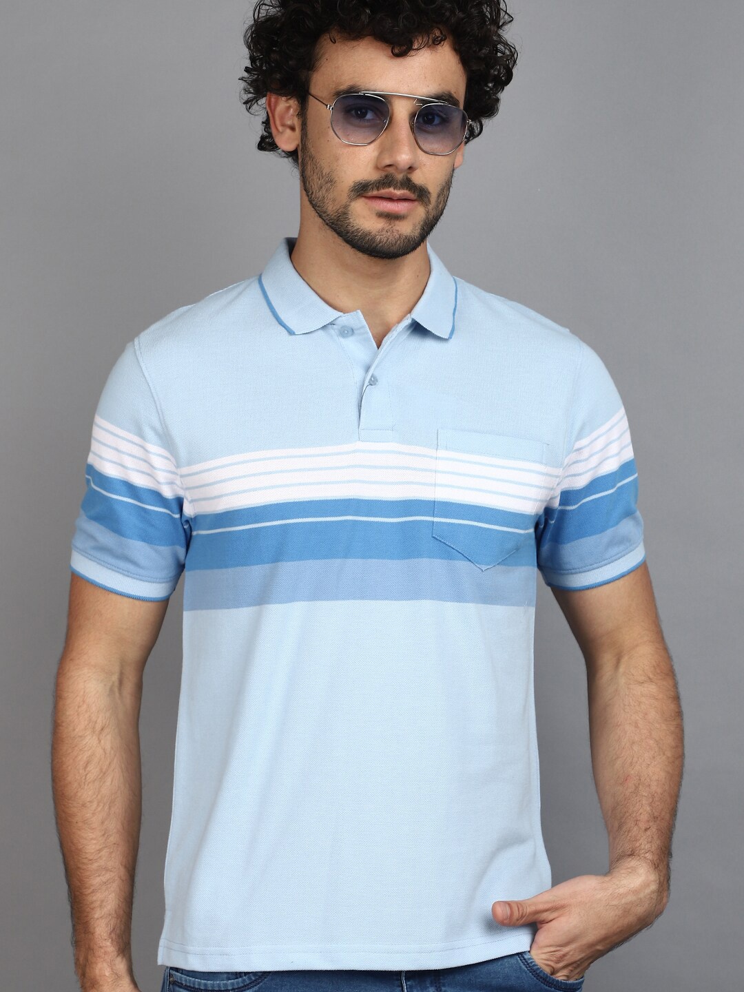 

V-Mart Striped Polo Collar Short Sleeves Cotton Casual T-shirt, Blue