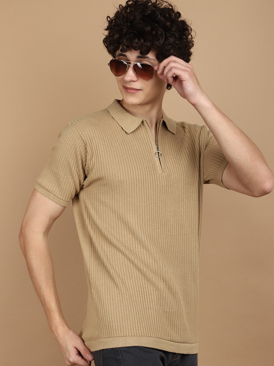 

V-Mart Ribbed Polo Collar Jacquard Cotton T-shirt, Khaki
