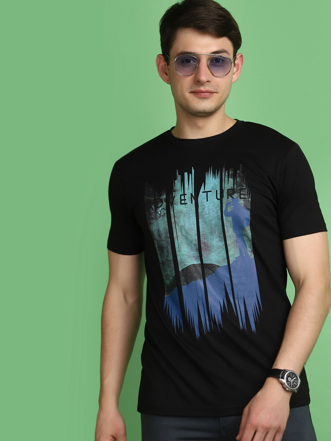 

V-Mart Printed Round Neck Slim Fit T-shirt, Black