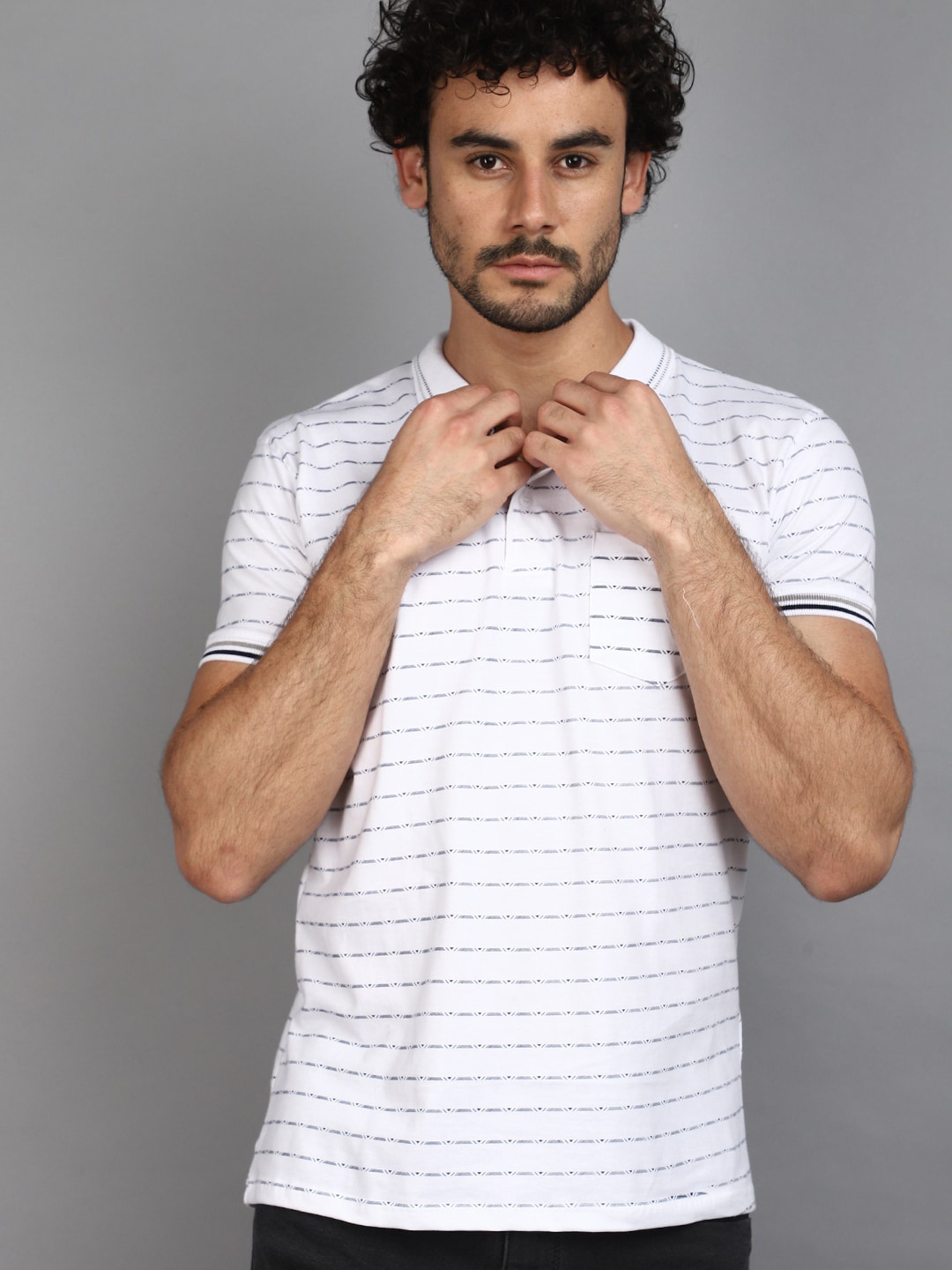 

V-Mart Striped Polo Collar Cotton T-shirt, White