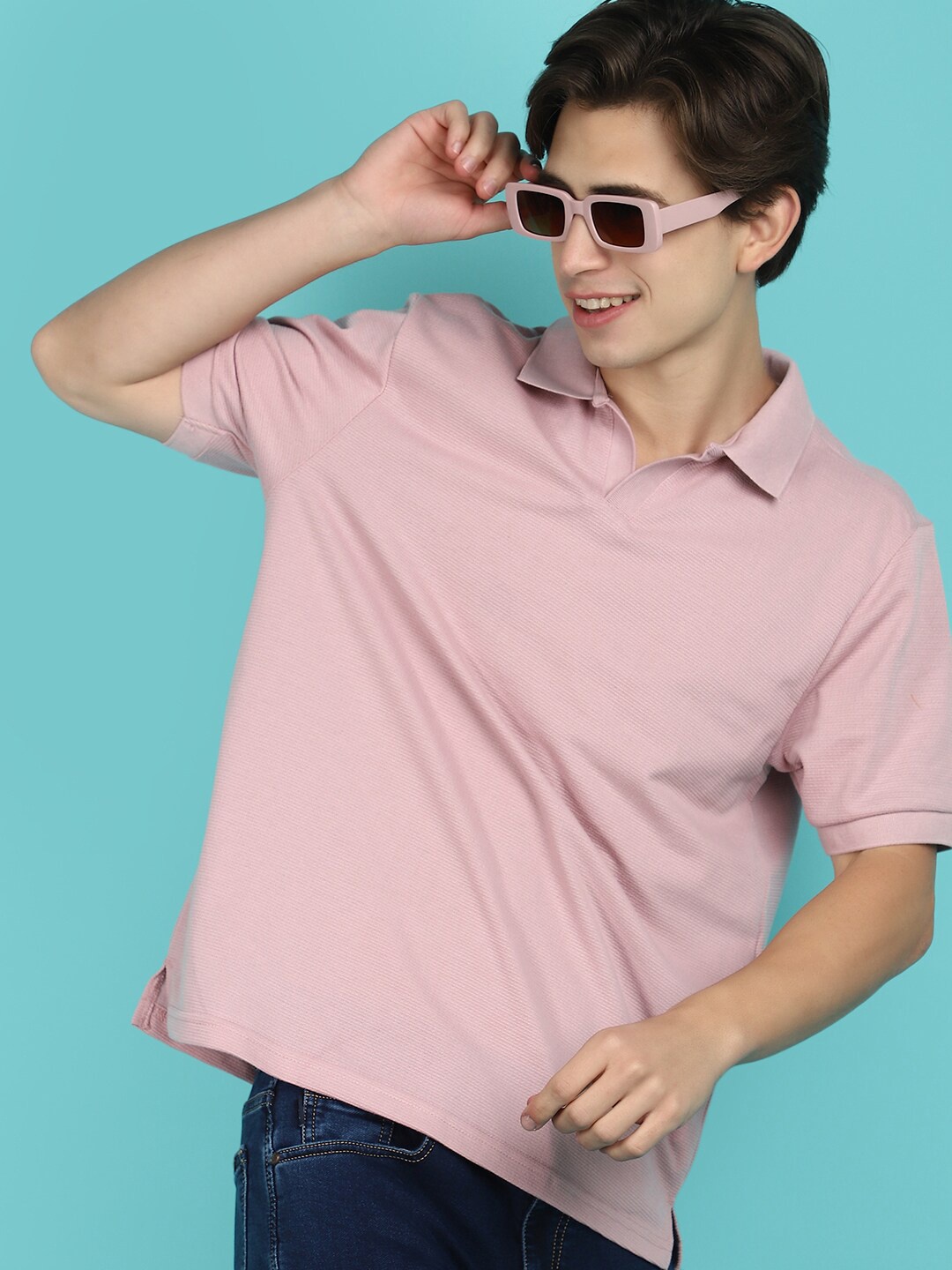 

V-Mart Self Design Polo Collar Cotton T-shirt, Pink