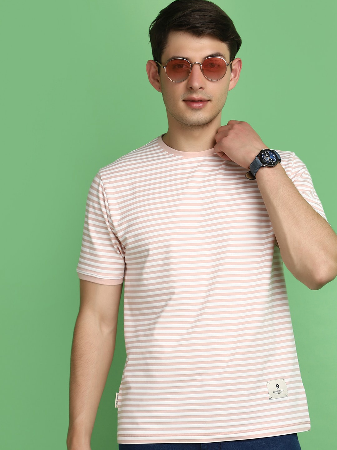 

V-Mart Striped Round Neck Short Sleeves Cotton T-shirt, Pink