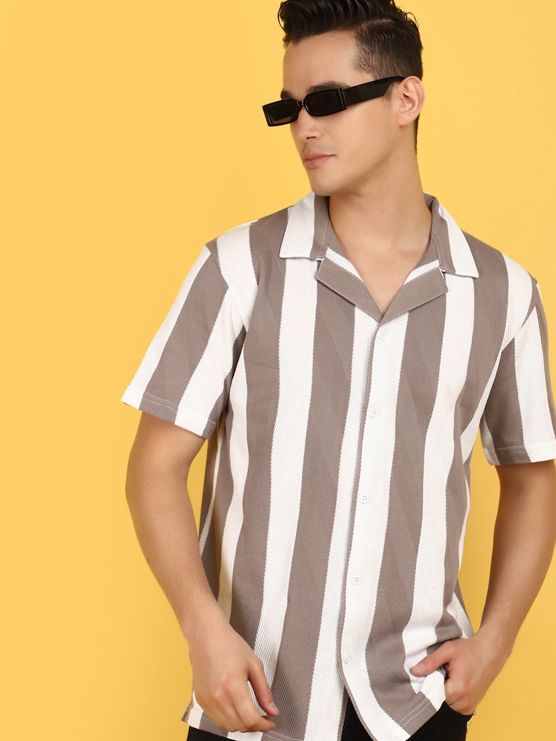 

V-Mart Striped Lapel Collar Regular Fit Cotton T-shirt, Grey