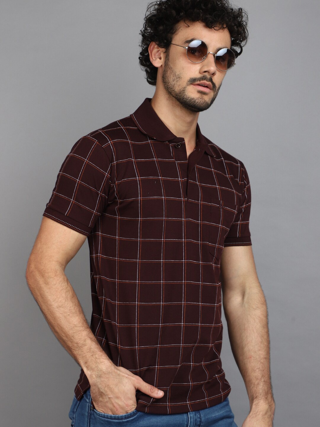 

V-Mart Checked Polo Collar Cotton T-shirt, Maroon