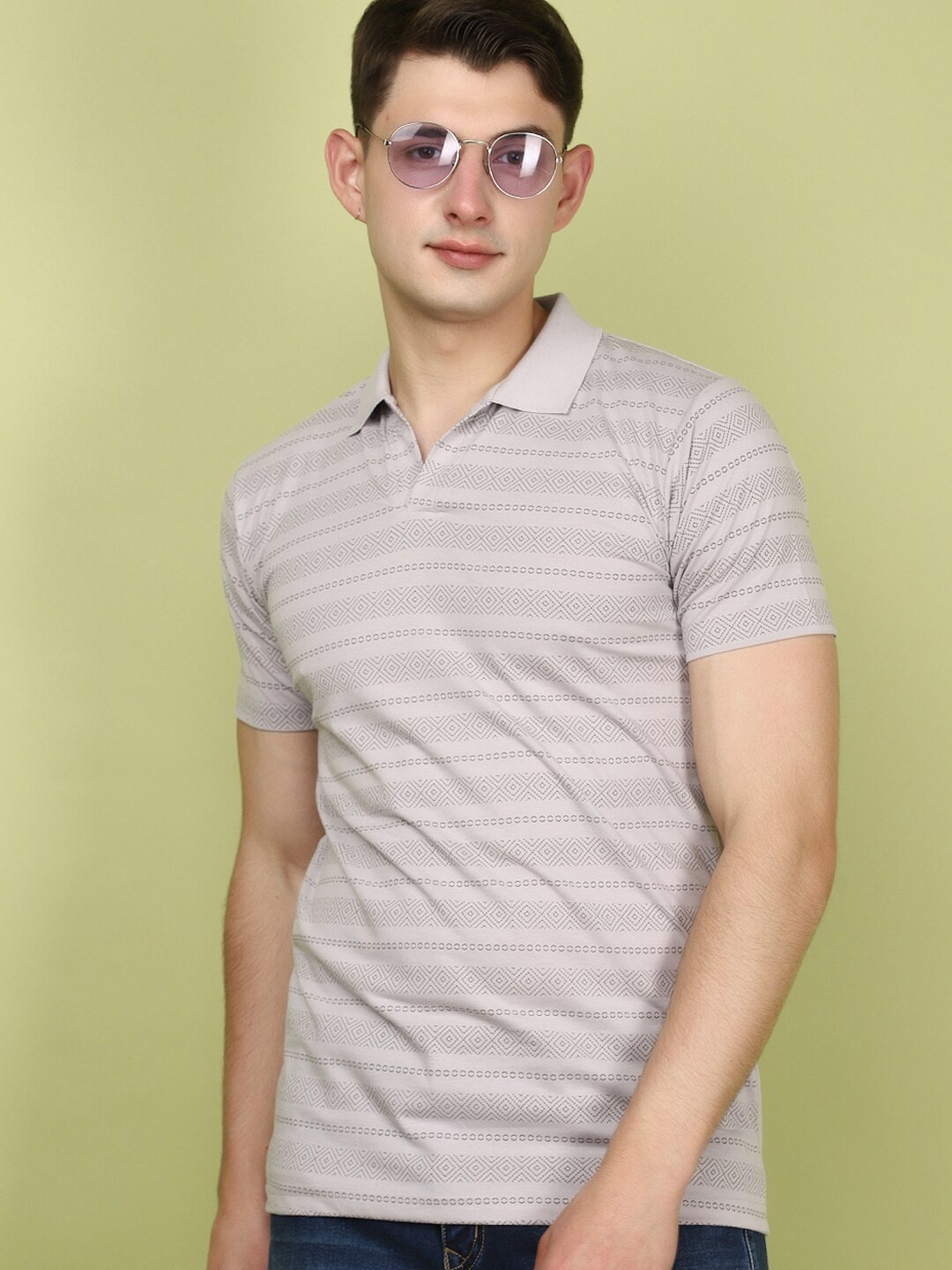 

V-Mart Striped Polo Collar Short Sleeves Cotton Casual T-shirt, Grey