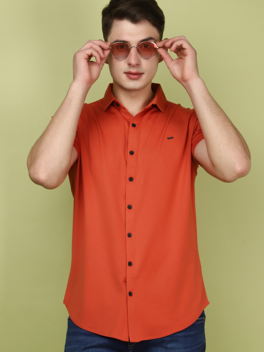 

V-Mart Spread Collar Short Sleeves Cotton Casual Shirt, Rust