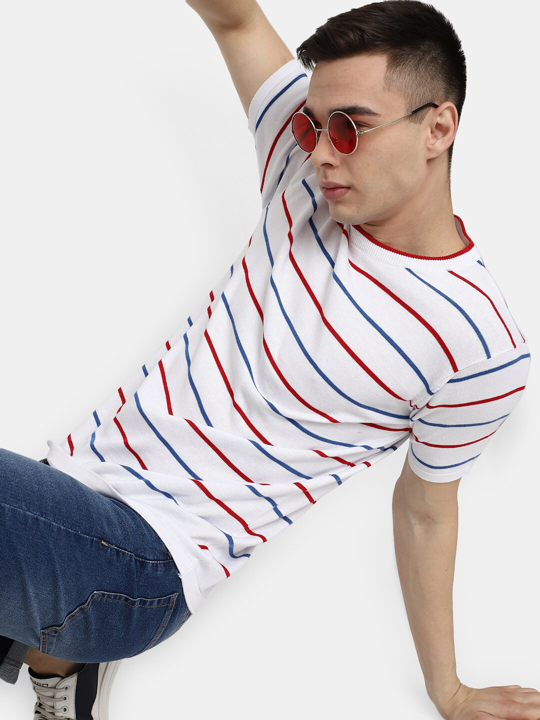 

V-Mart Men Striped Round Neck Short Sleeves Cotton Slim Fit T-shirt, White