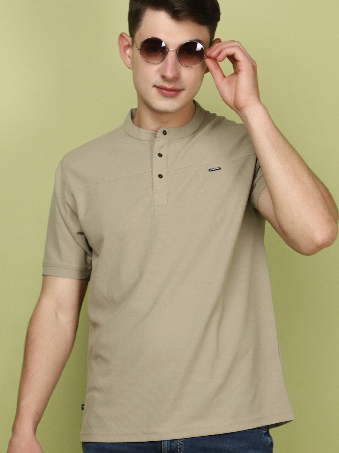 

V-Mart Henley Neck Short Sleeves Cotton T-shirt, Beige