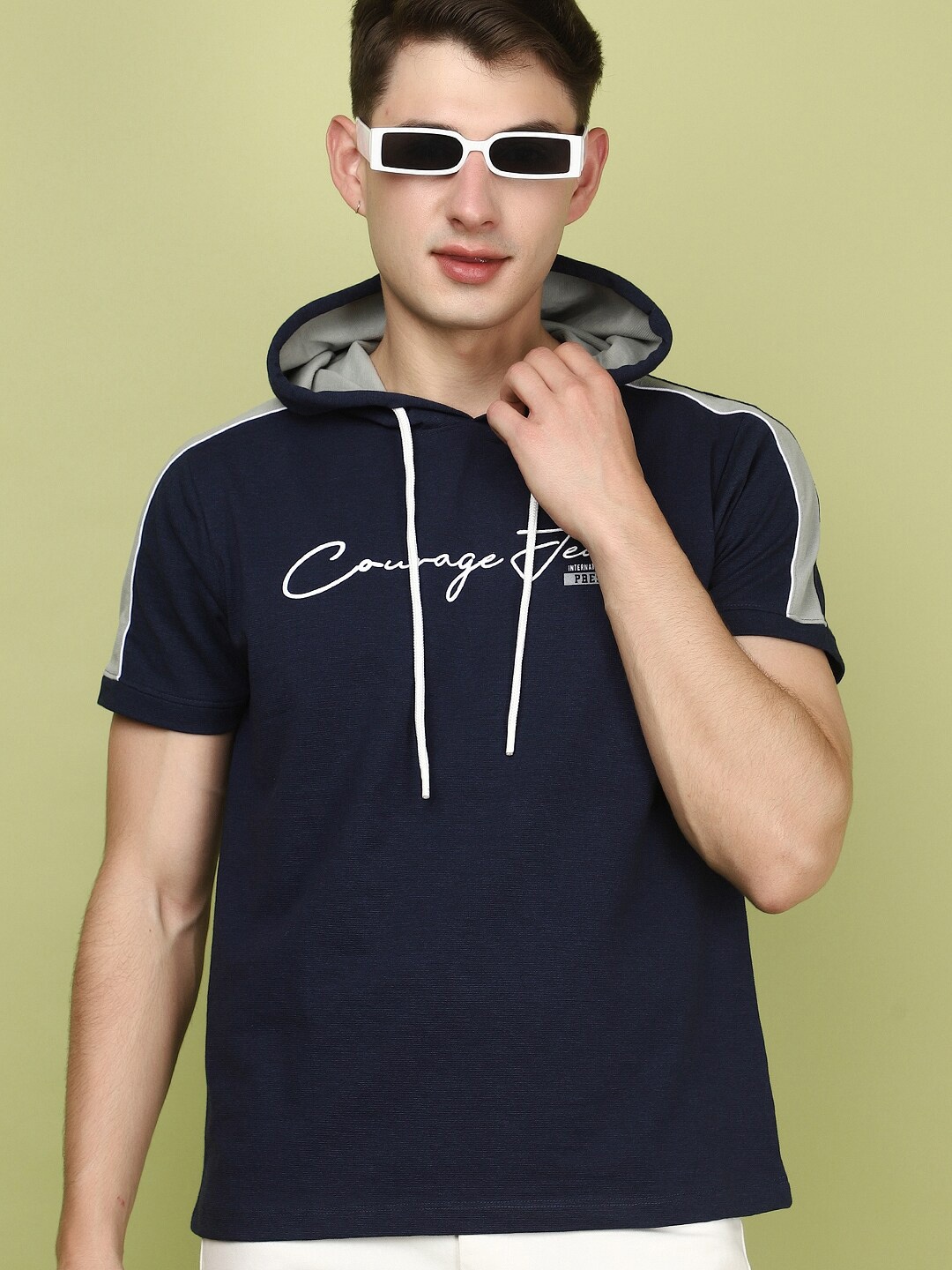 

V-Mart Typography Printed Hooded Cotton Slim Fit T-shirt, Navy blue