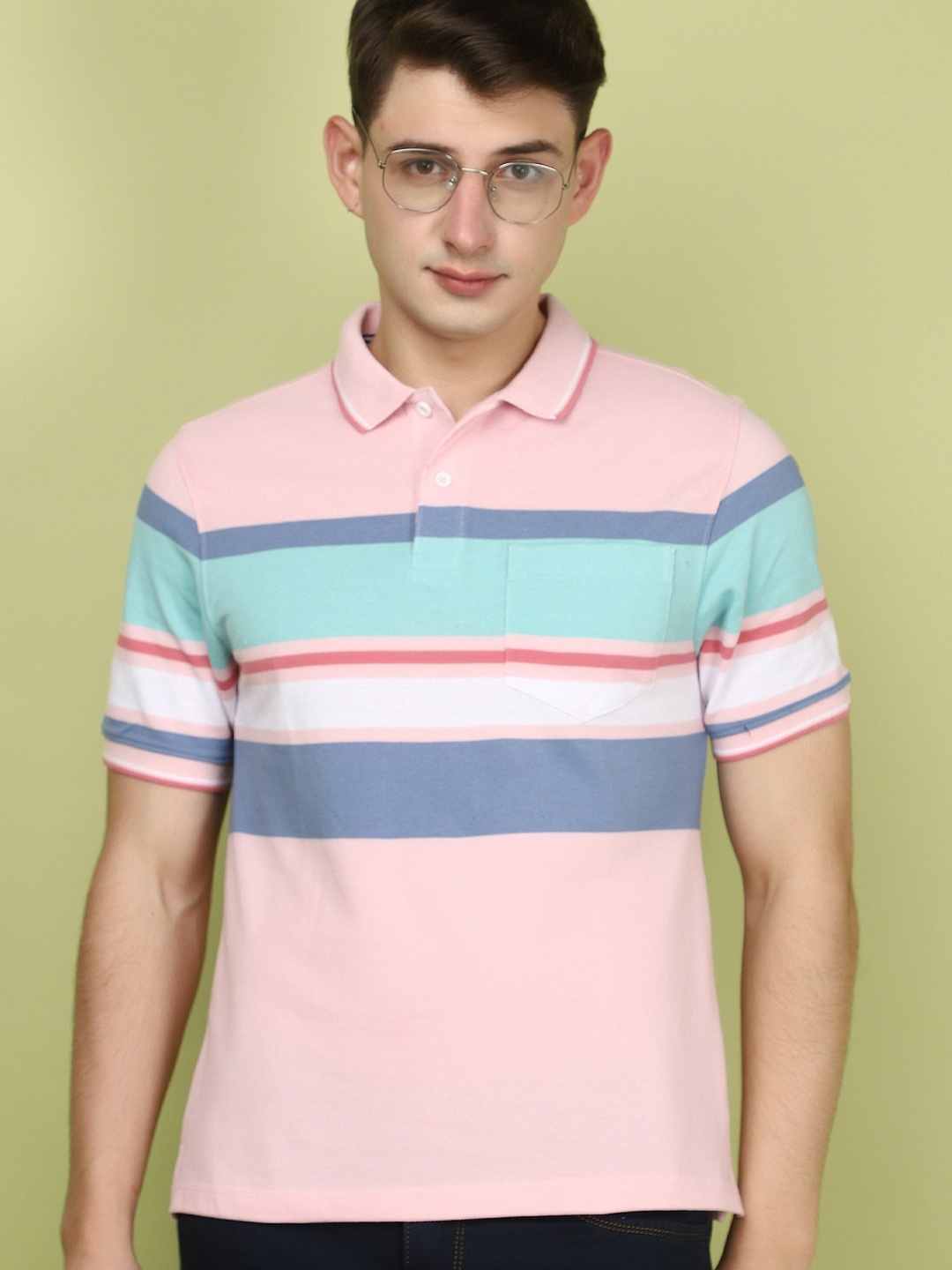 

V-Mart Striped Polo Collar Short Sleeves Cotton Casual T-shirt, Pink