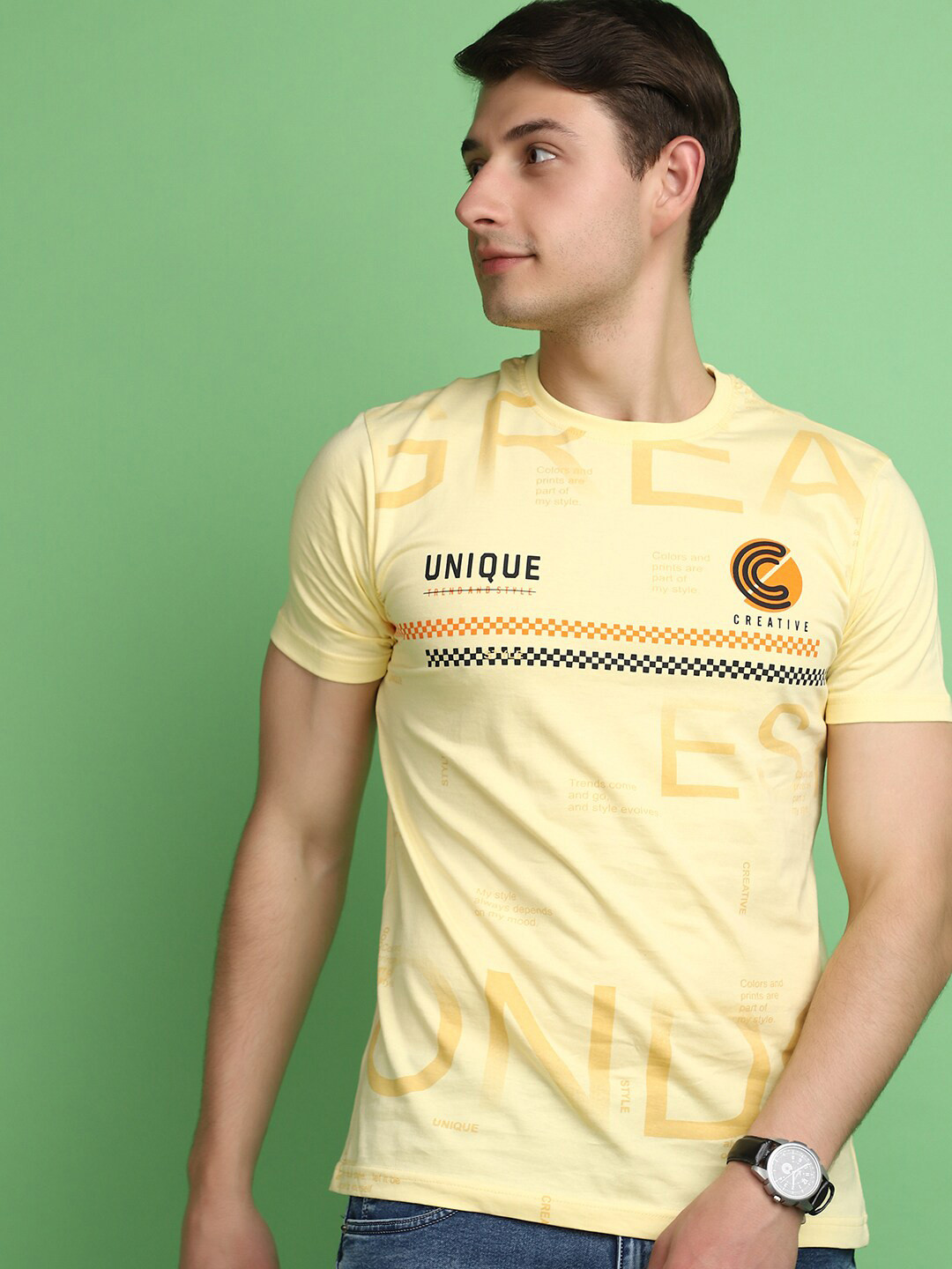 

V-Mart Typography Printed Slim Fit Cotton T-shirt, Yellow