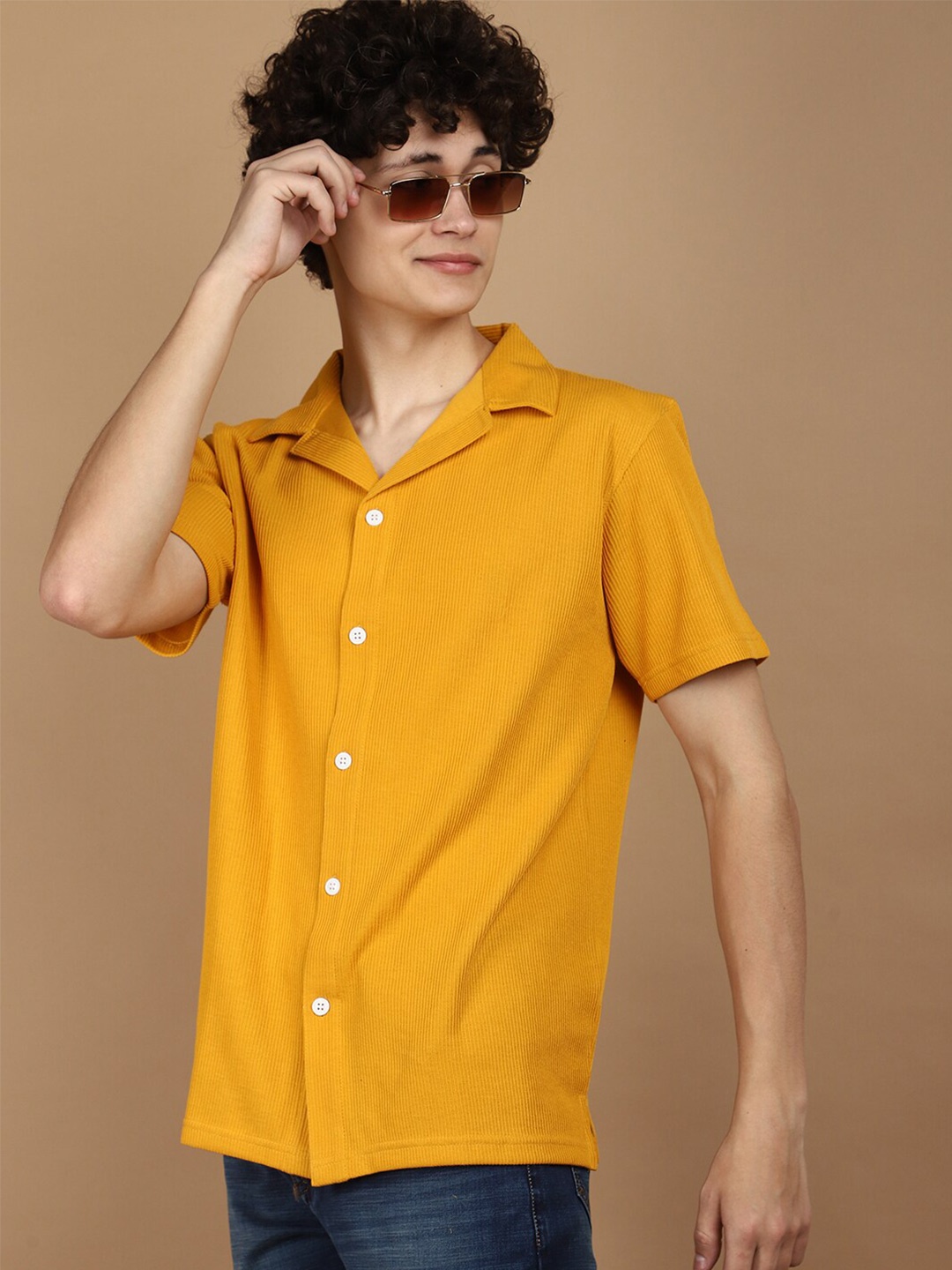 

V-Mart Cuban Collar Short Sleeves Cotton Casual Shirt, Gold