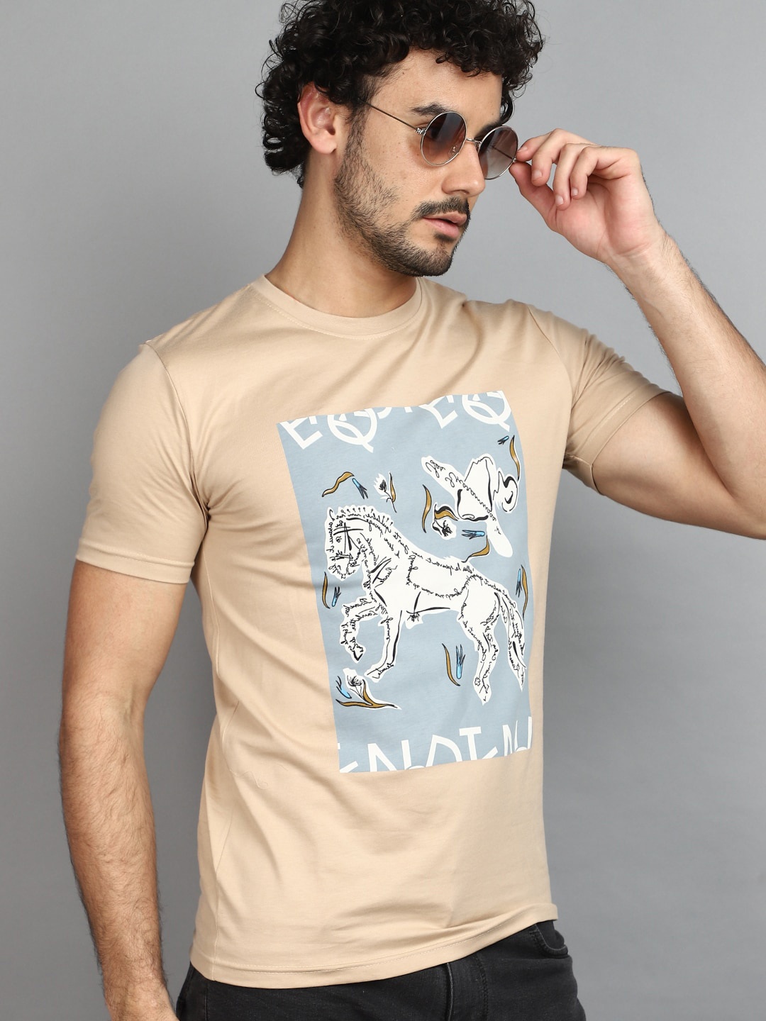 

V-Mart Graphic Printed Round Neck Cotton Slim Fit T-shirt, Beige