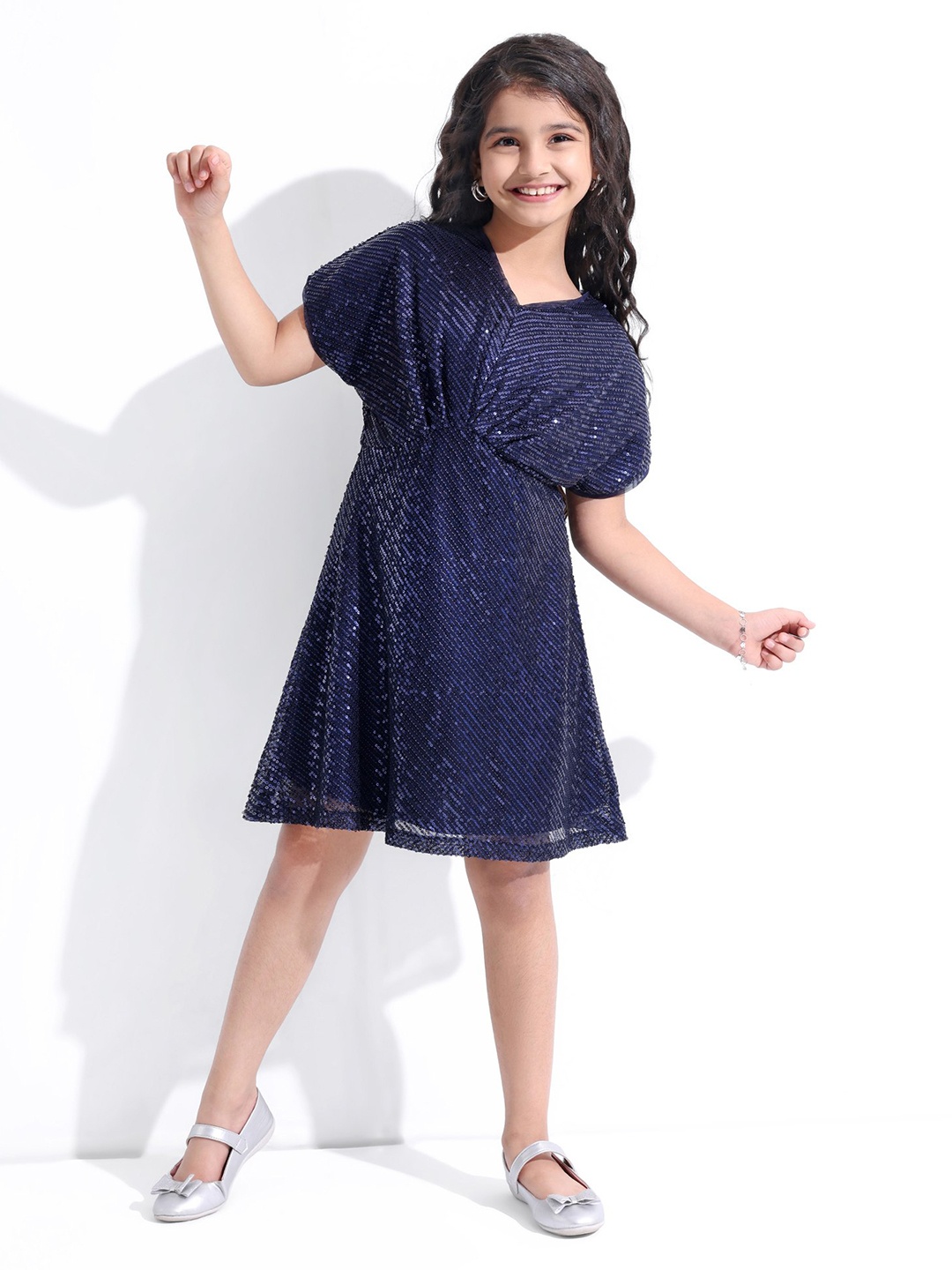 

Hola Bonita Girls Round Neck Net Fit & Flare Dress, Navy blue