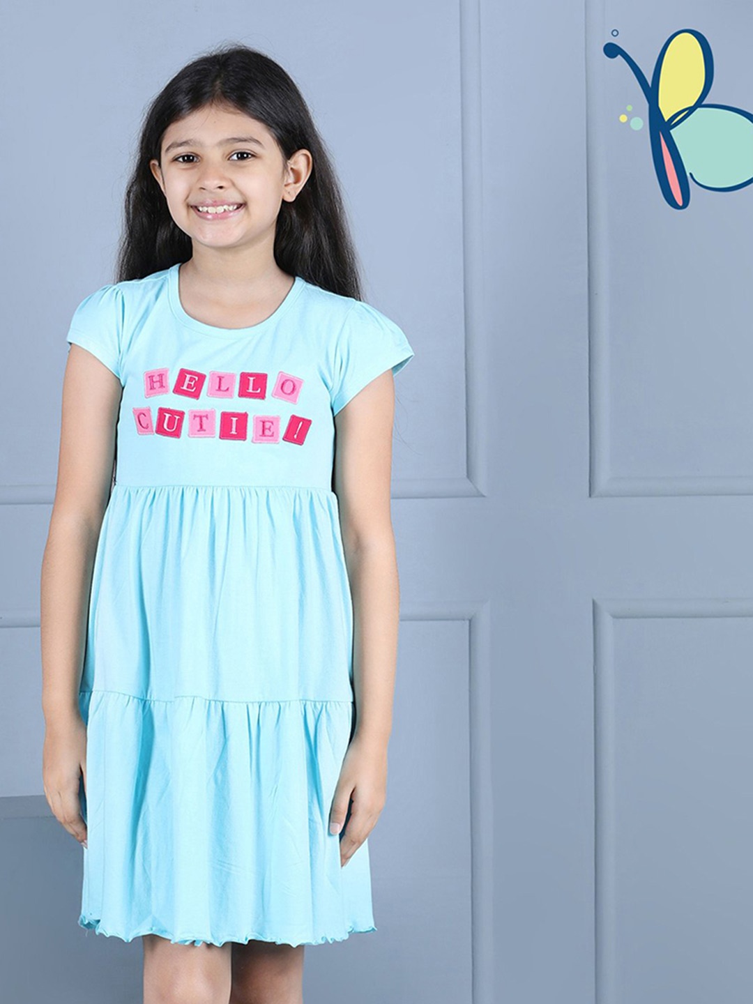 

Hola Bonita Girls Typography Printed Cap Sleeves Cotton Fit & Flare Dress, Blue