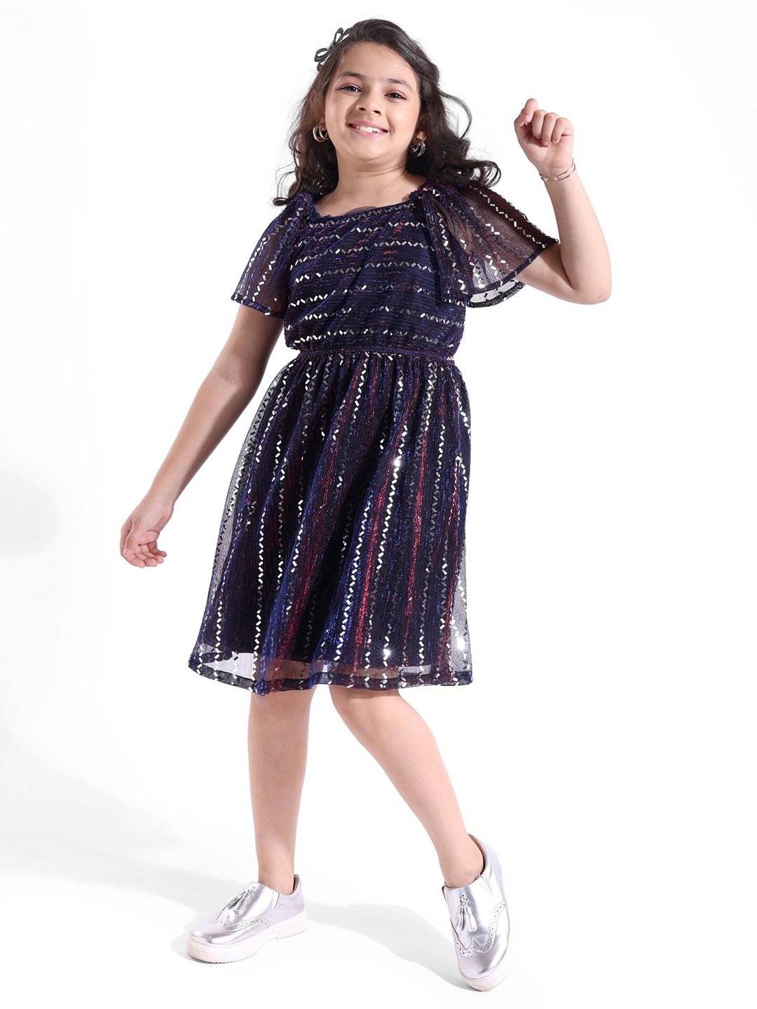 

Hola Bonita Girls Striped Embellished Net Glitter Party Dress, Navy blue