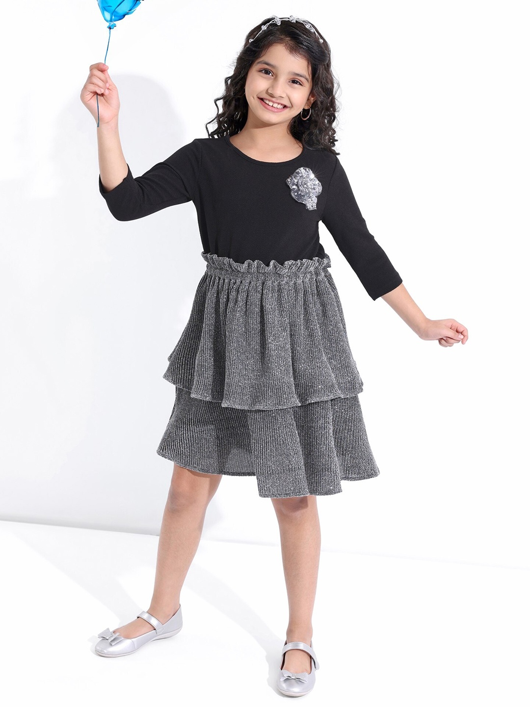 

Hola Bonita Girls Round Neck Layered Fit & Flare Dress, Black