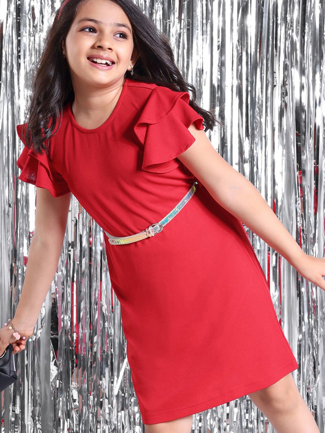 

Hola Bonita Girls Flutter Sleeves A-Line Dress With Belt, Red