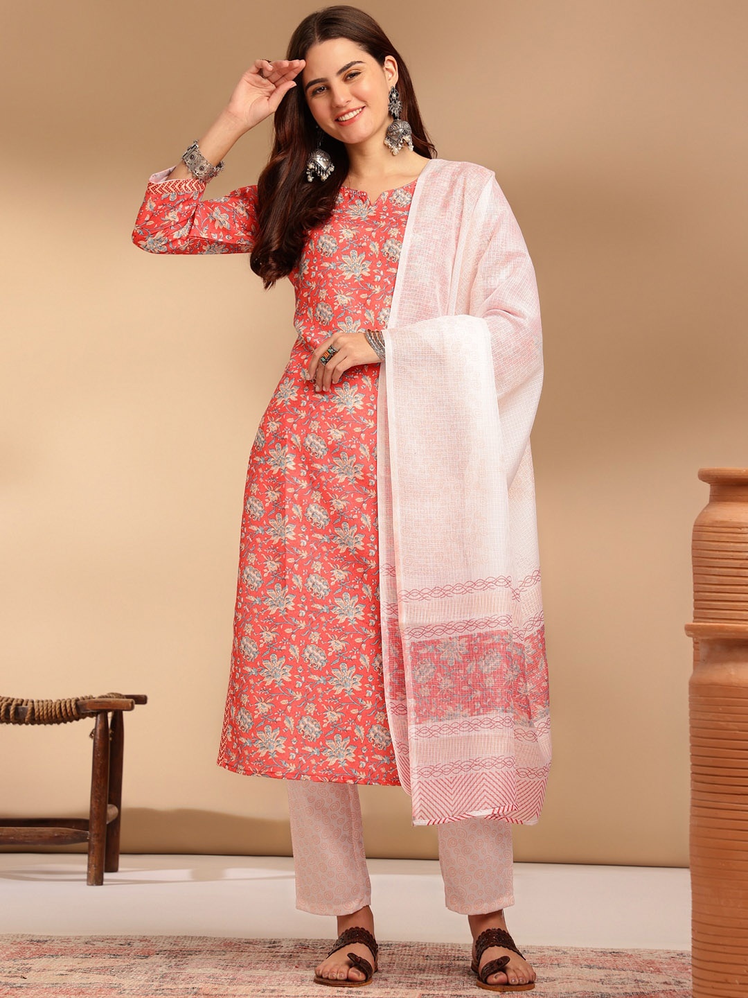 

KALINI Floral Printed Regular Straight Kurta With Trousers & Dupatta, Peach