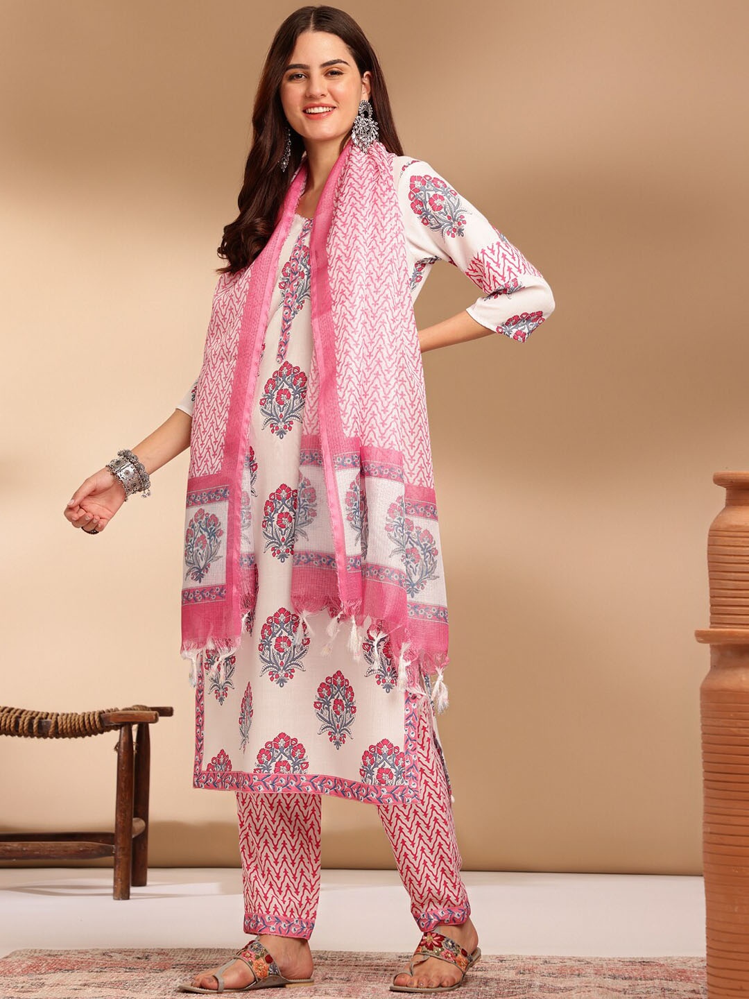 

KALINI Floral Printed Round Neck Calf Length Straight Kurta With Trousers & Dupatta, Pink