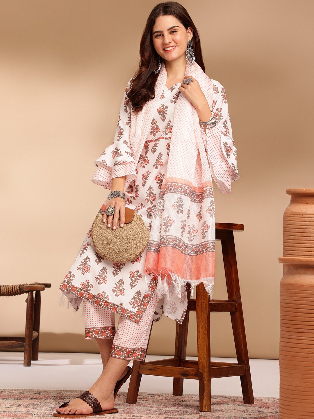 

KALINI Floral Printed Regular Straight Kurta With Trousers & Dupatta, Peach