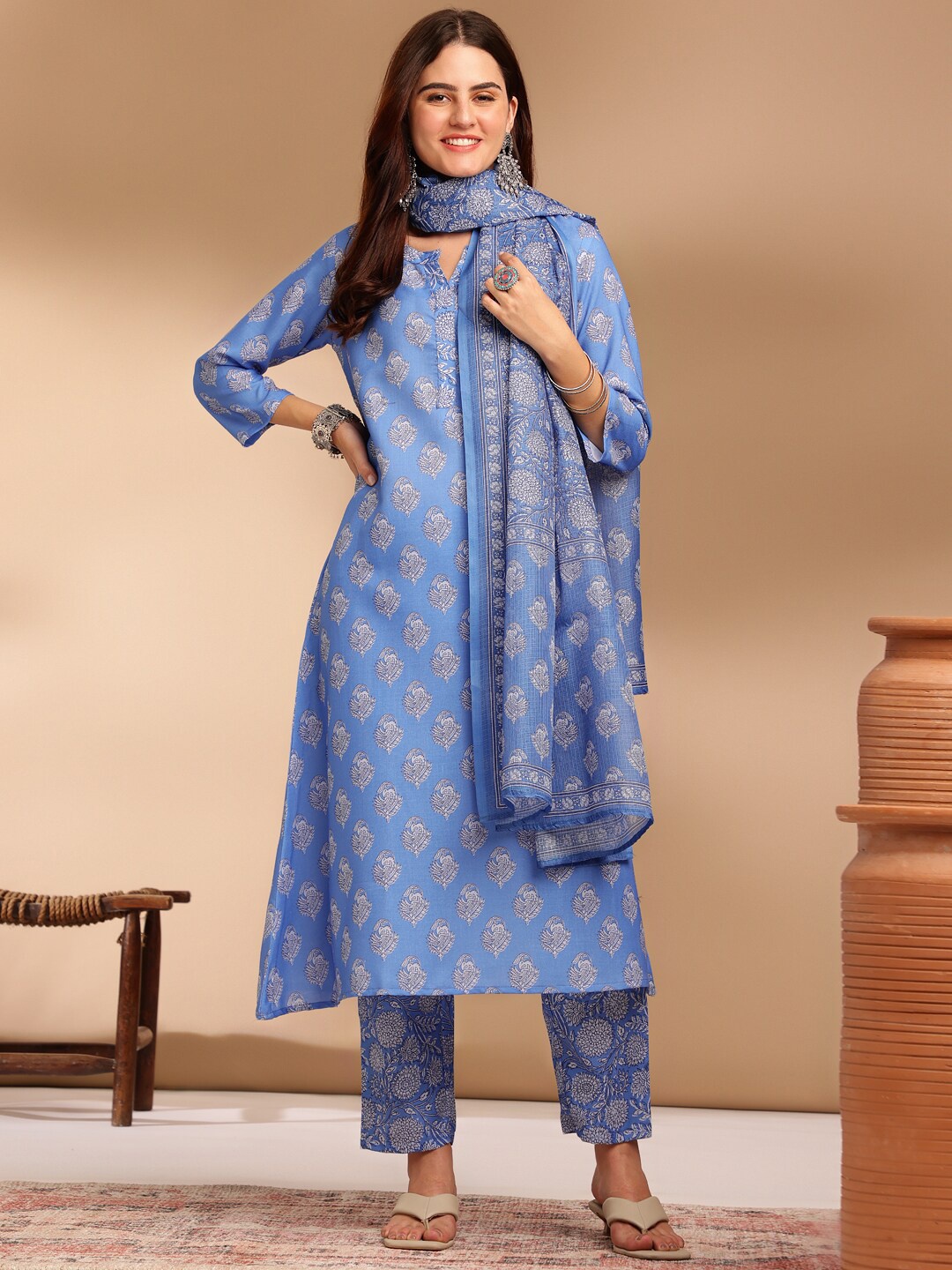 

KALINI Floral Printed Regular Kurta with Trousers & Dupatta, Blue