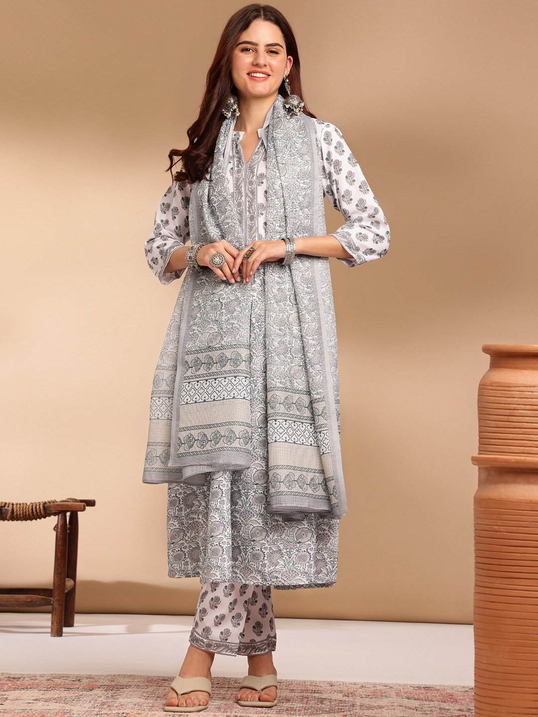 

KALINI Floral Printed Mandarin Collar Straight Kurta With Trousers & Dupatta, Grey