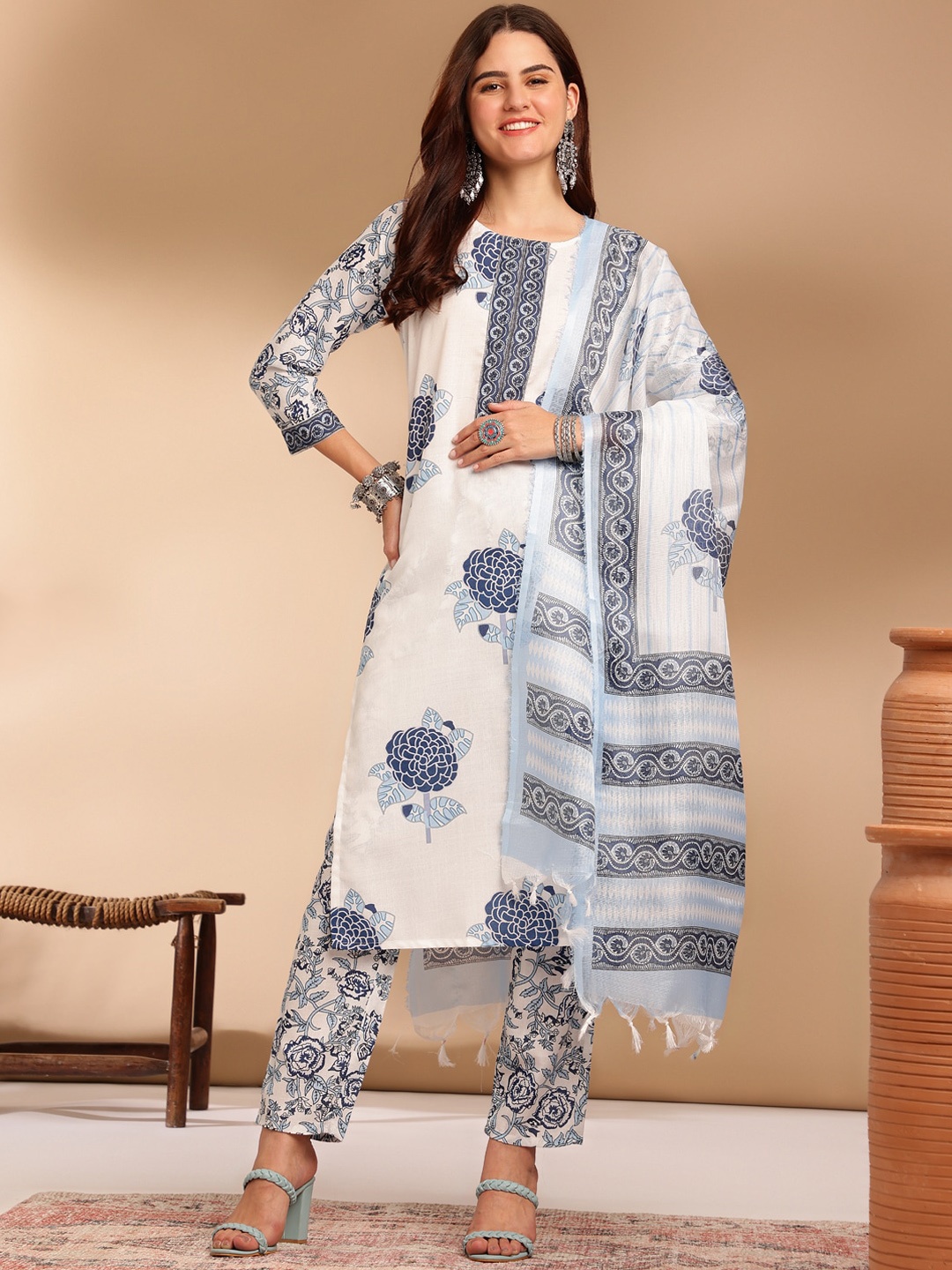 

KALINI Floral Printed Boat Neck Calf Length Straight Kurta With Trousers & Dupatta, Blue