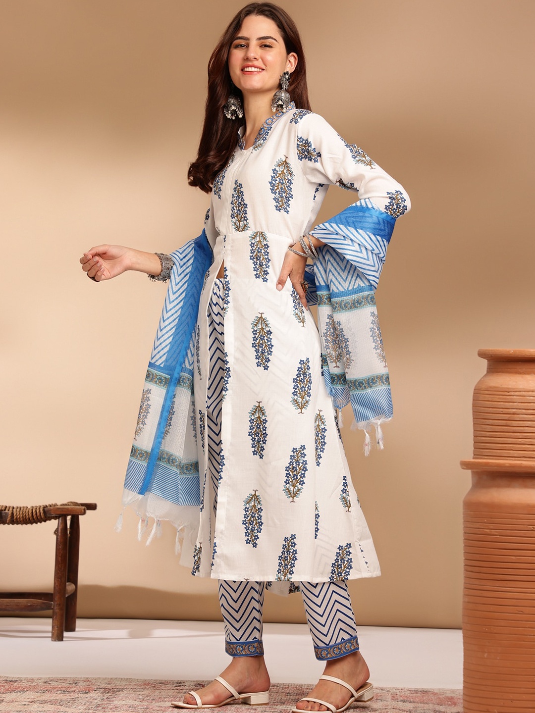 

KALINI Floral Printed Round Neck Calf Length Straight Kurta With Trousers & Dupatta, Blue