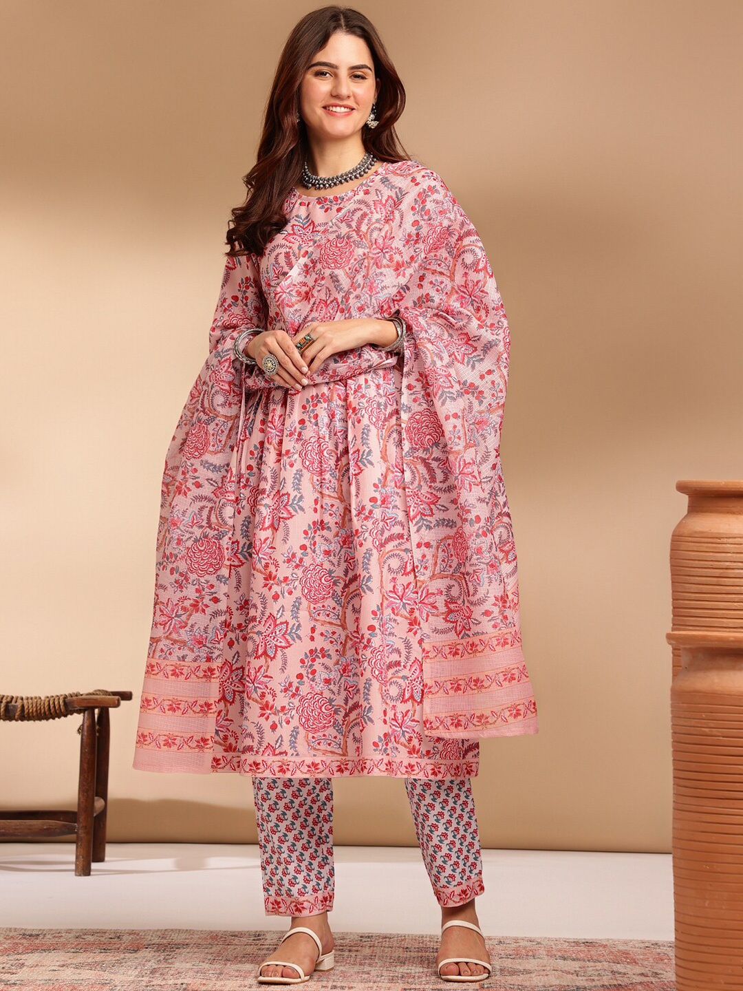 

KALINI Floral Printed Regular A-Line Kurta With Trousers & Dupatta, Pink