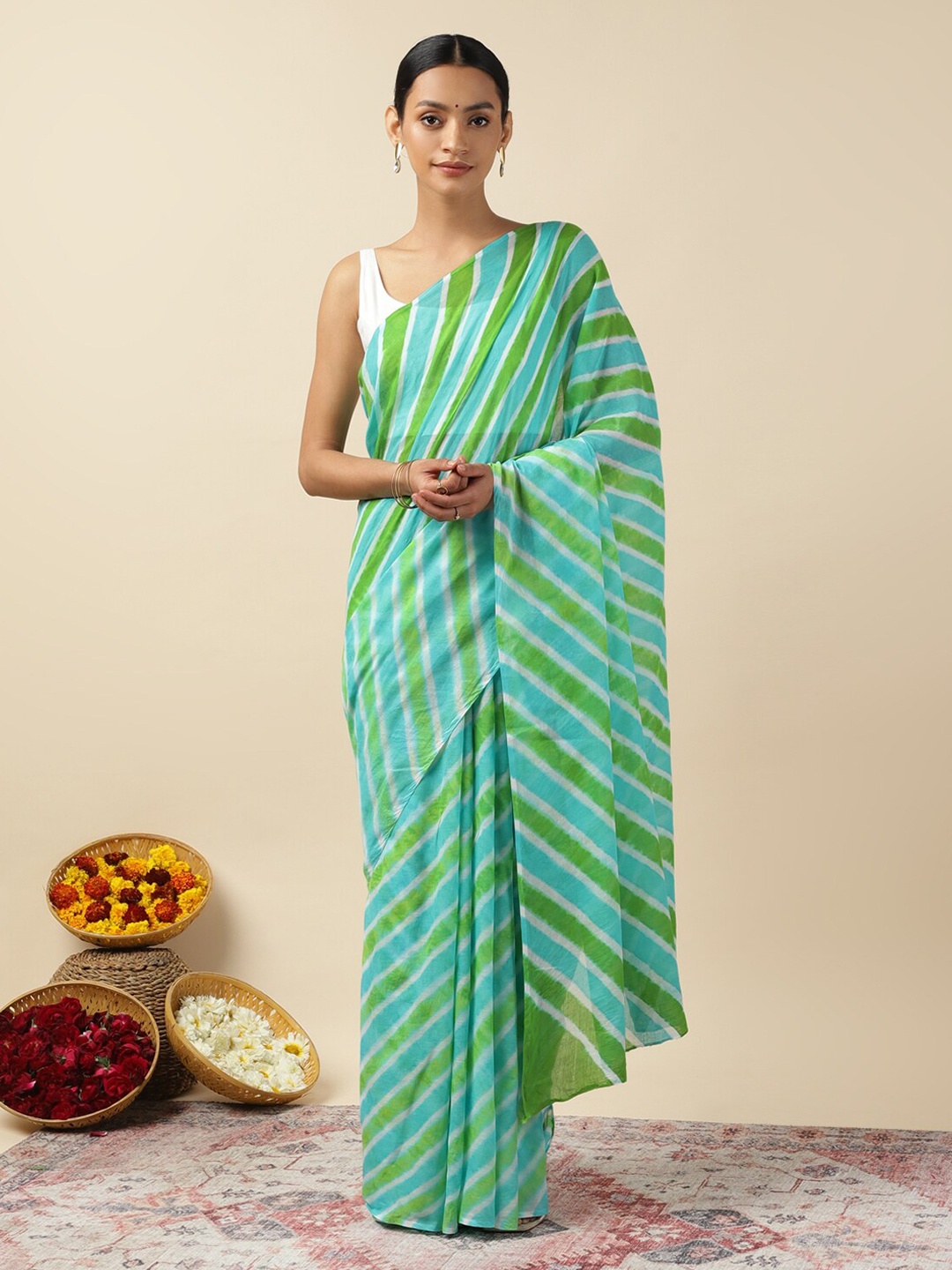 

Moora Leheriya Printed Pure Cotton Saree, Green